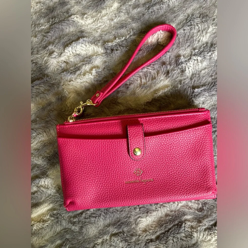 Nanette Lepore, pretty pink and gold, wristlet with lots of card storage